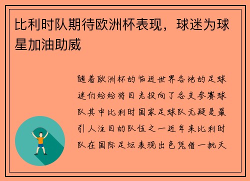 比利时队期待欧洲杯表现，球迷为球星加油助威