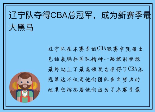 辽宁队夺得CBA总冠军，成为新赛季最大黑马