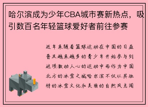 哈尔滨成为少年CBA城市赛新热点，吸引数百名年轻篮球爱好者前往参赛