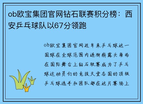 ob欧宝集团官网钻石联赛积分榜：西安乒乓球队以67分领跑